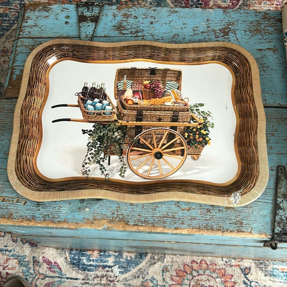 Vintage 1958 Metal COCA COLA COKE Bottles Wicker Picnic Basket Cart Fruit Tray